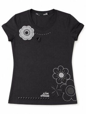 Love Moschino Black Floral Applique Studded T Shirt Women US 8 IT 44